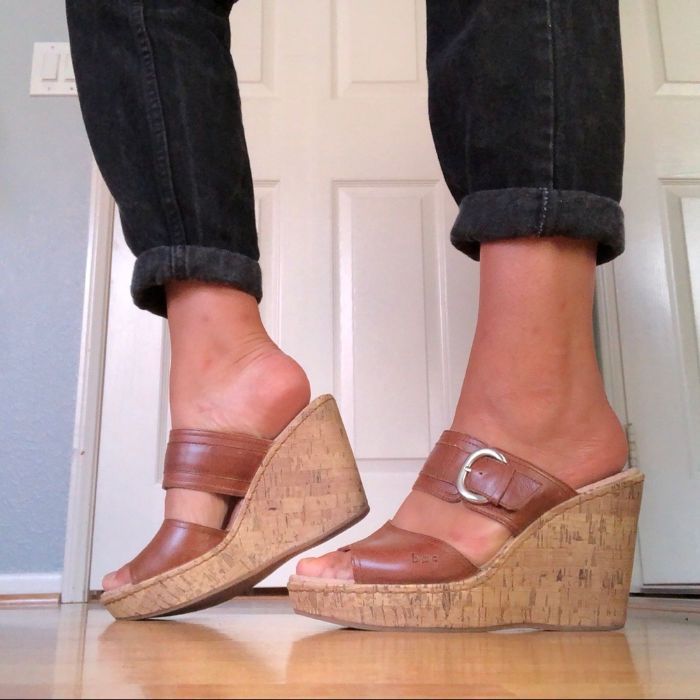 tan strappy cork wedge sandal